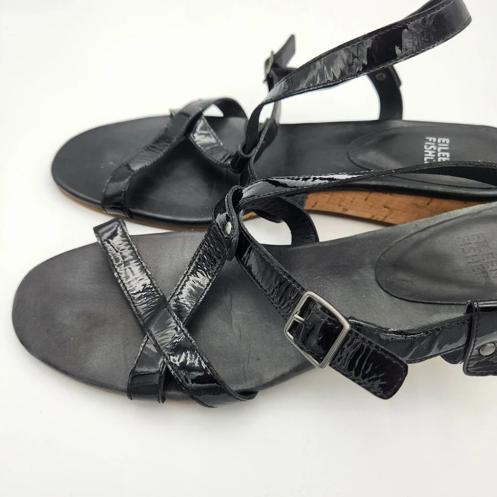 Eileen Fisher Women's Sz 9.5 Black Patent Leather Cork Low Wedge Strappy Sandals